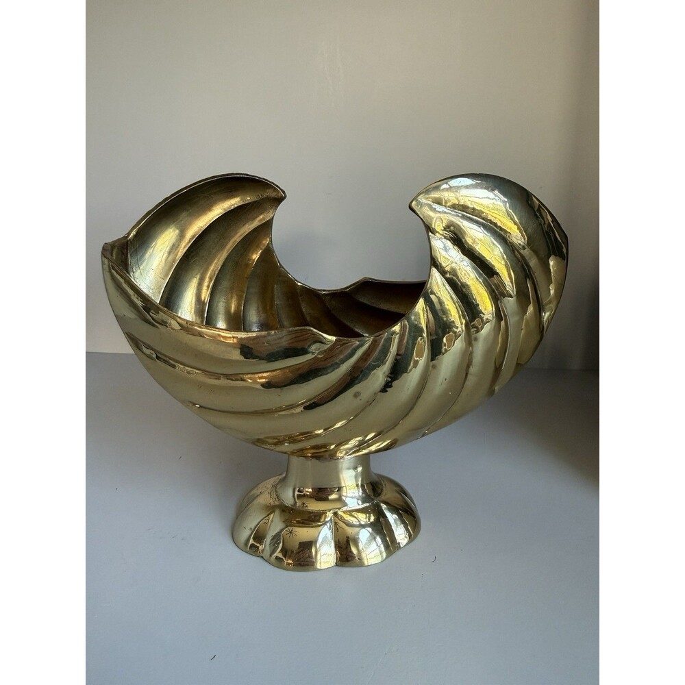 Vintage Brass Nautilus Seashell Planter Bowl Vase Art Deco MCM